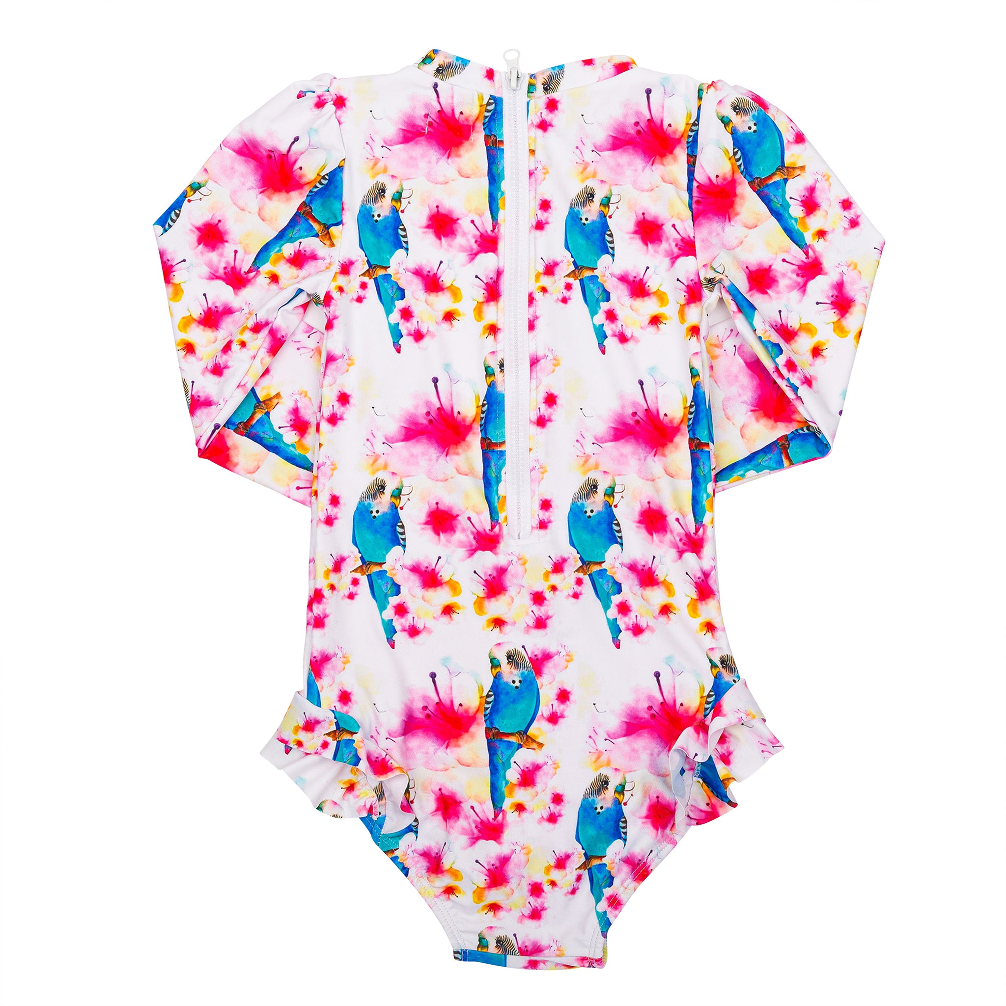 Blossoming Budgie Girls Long Sleeve Back Zip Swimmers - Cheeky Chickadee Store