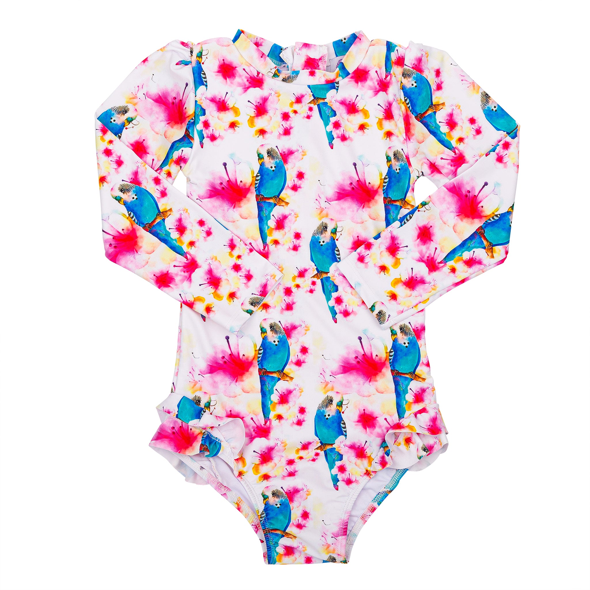 Blossoming Budgie Girls Long Sleeve Back Zip Swimmers - Cheeky Chickadee Store