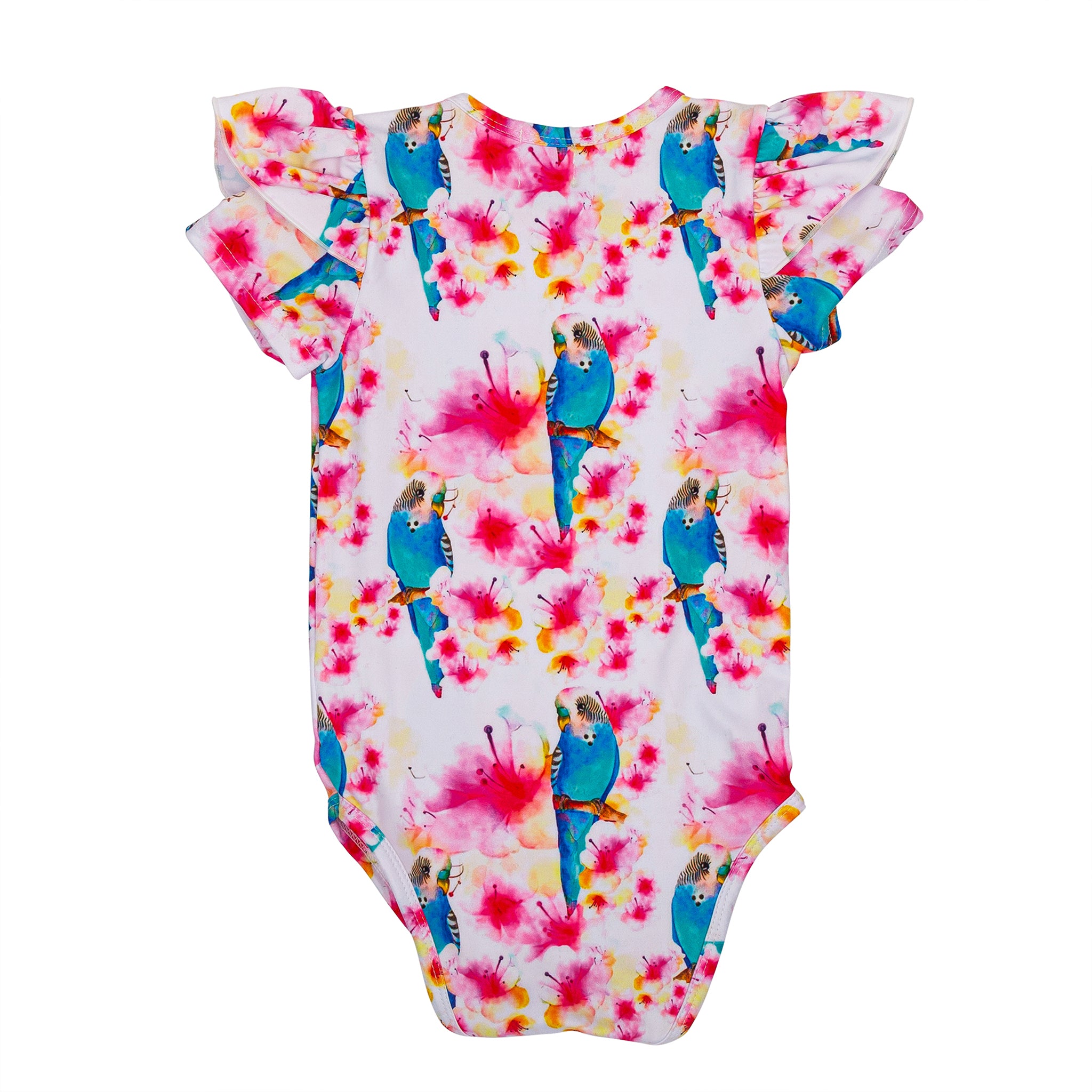 Blossoming Budgie Short Sleeve Frill Onesie - Cheeky Chickadee Store