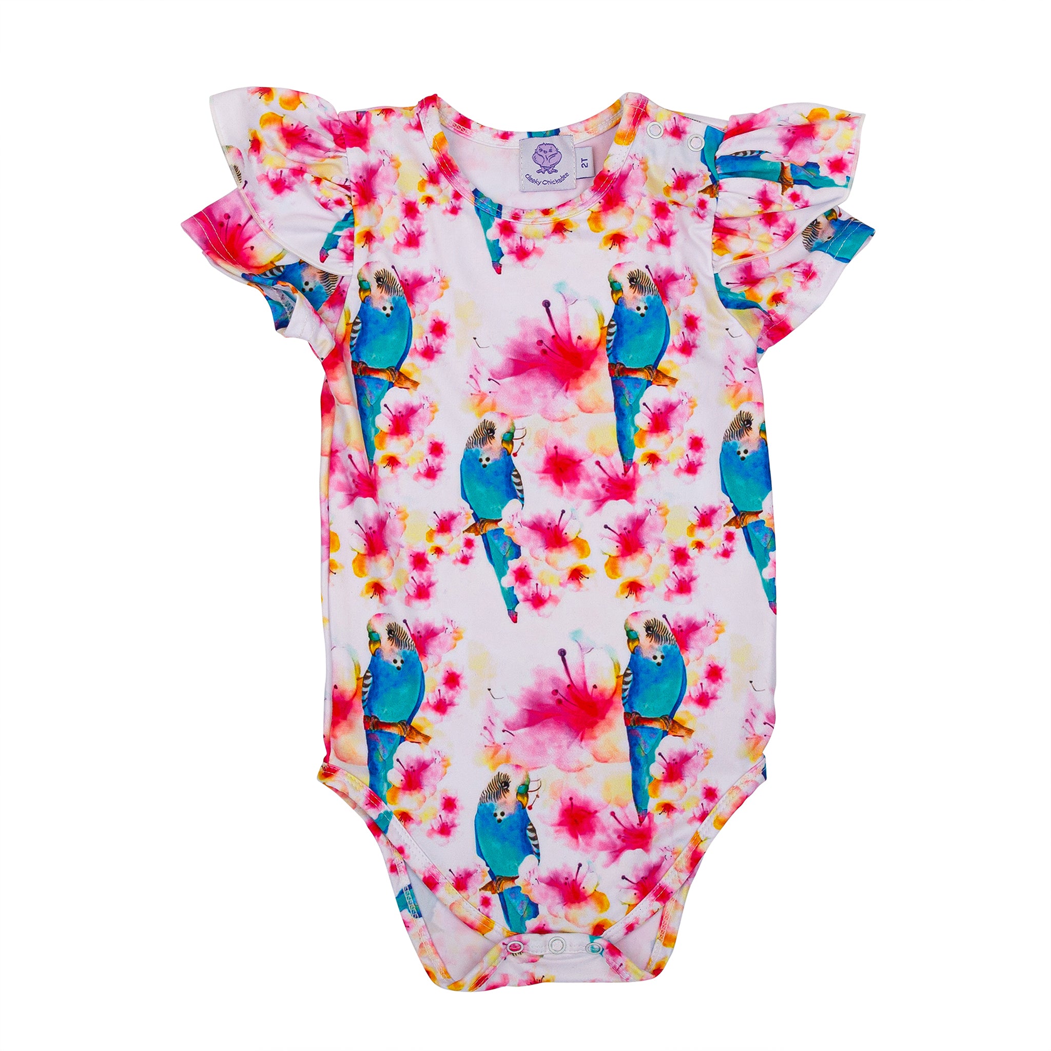 Blossoming Budgie Short Sleeve Frill Onesie - Cheeky Chickadee Store