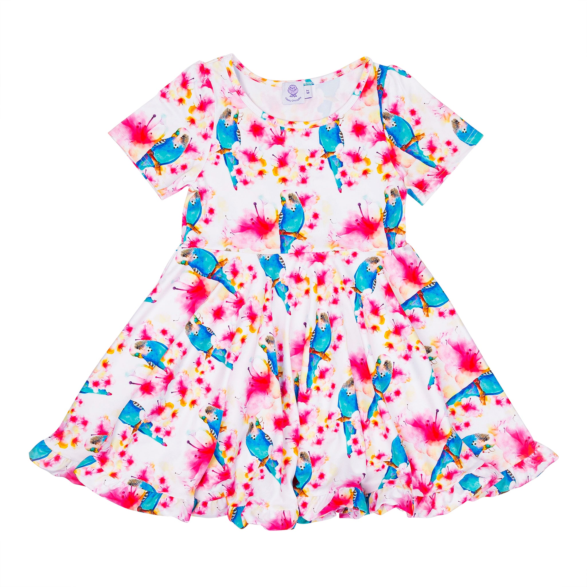 Blossoming Budgie Short Sleeve Twirl Dress - Cheeky Chickadee Store