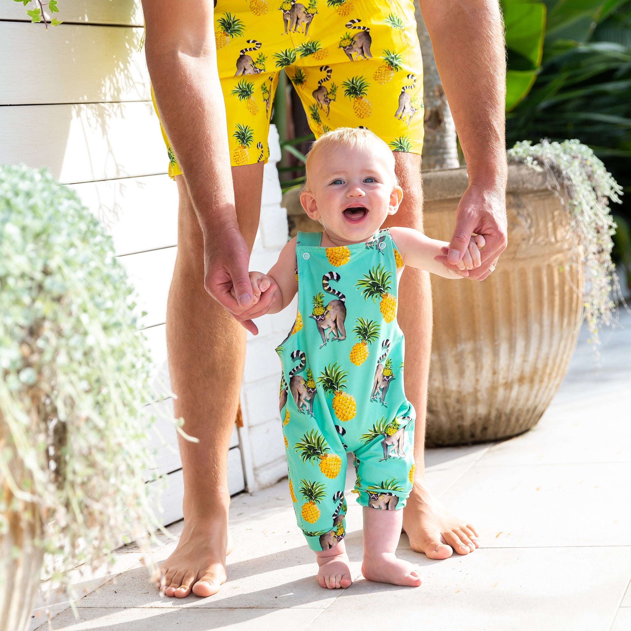 Green Pineapple Lemurs Short Leg Overalls - Cheeky Chickadee Store