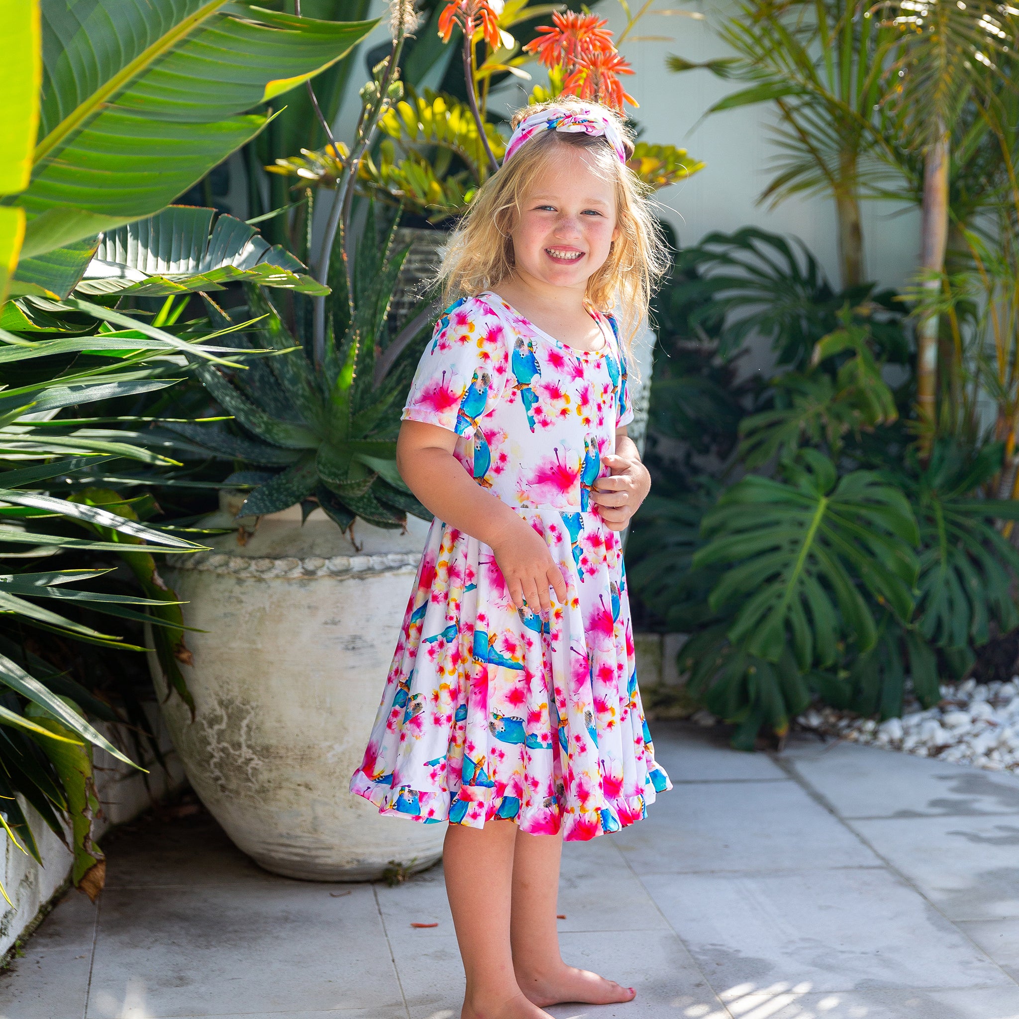 Blossoming Budgie Short Sleeve Twirl Dress - Cheeky Chickadee Store