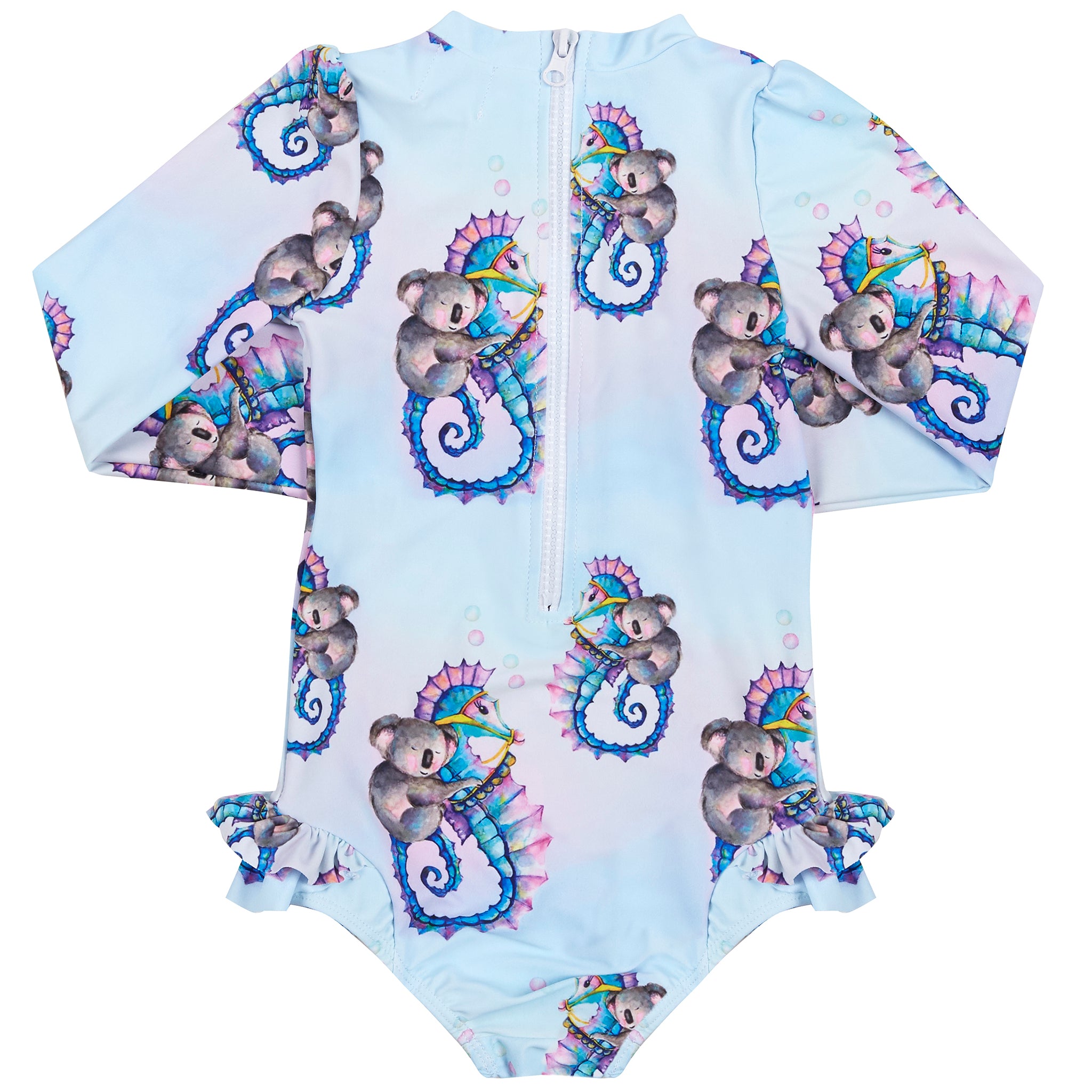 Seahorse Riding Koala Girls Long Sleeve Back Zip Swimmers - Cheeky Chickadee Store