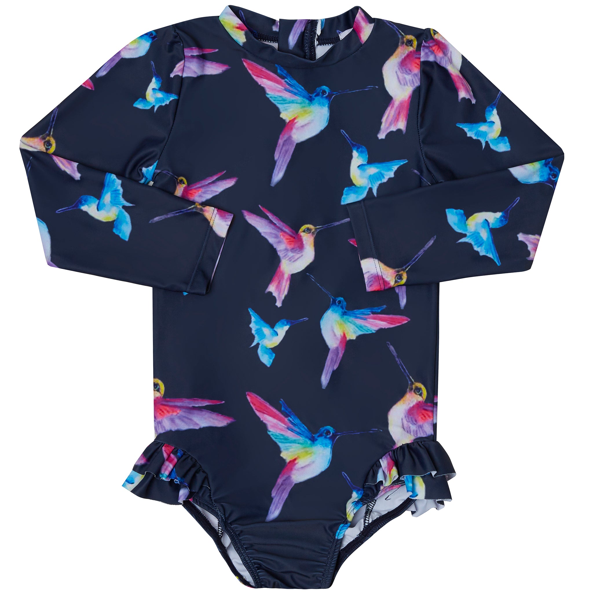 Navy Hummingbirds Girls Long Sleeve Back Zip Swimsuit - Cheeky Chickadee Store