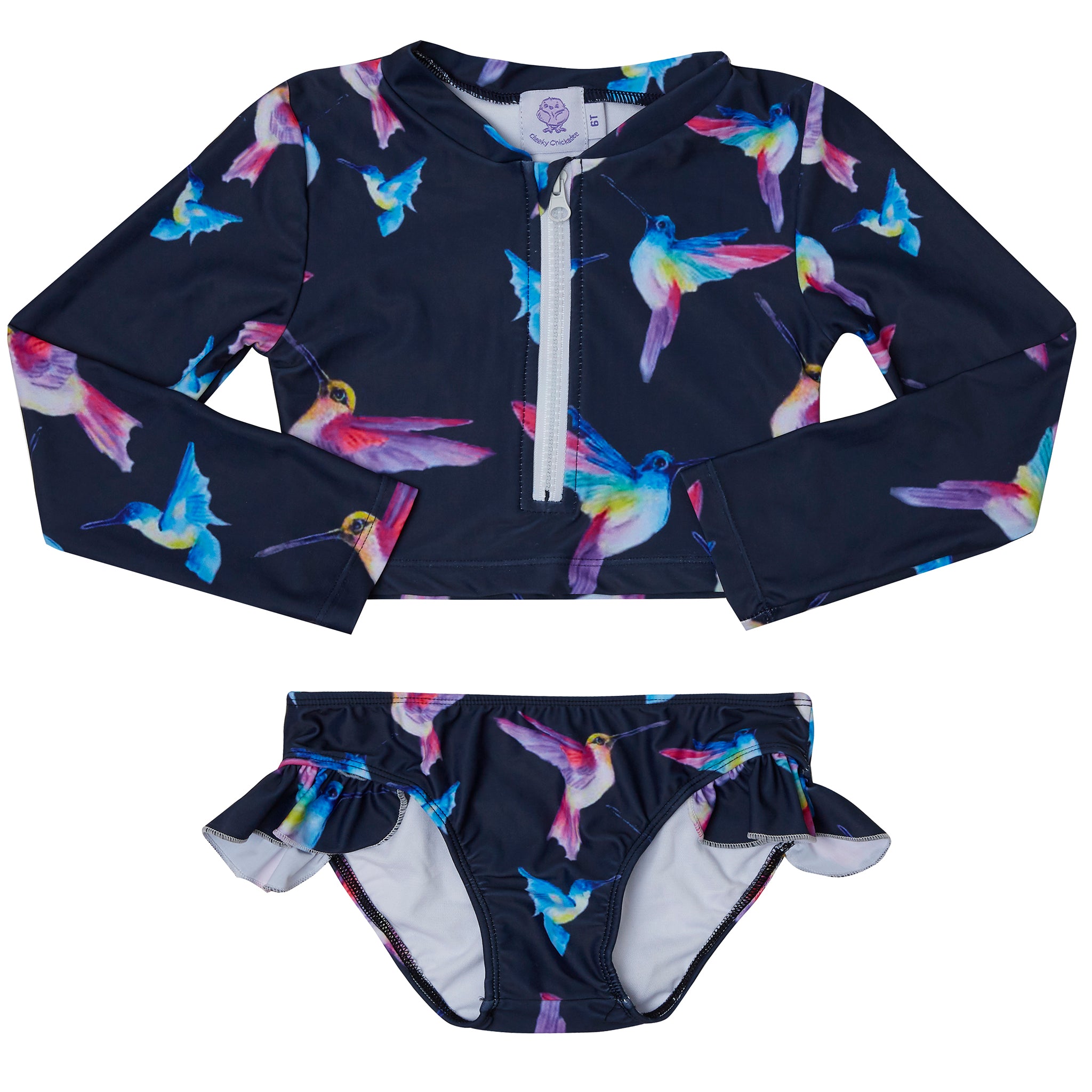 Navy Hummingbirds Girls Long Sleeve Two Piece Zip Swimmers - Cheeky Chickadee Store