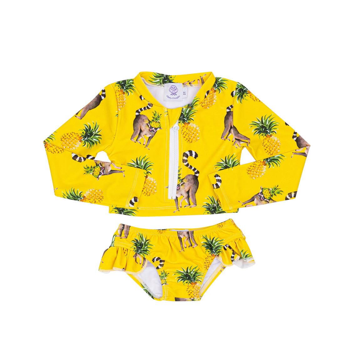 Pineapple Lemurs Girls Long Sleeve Two Piece Zip Swimmers - Cheeky Chickadee Store