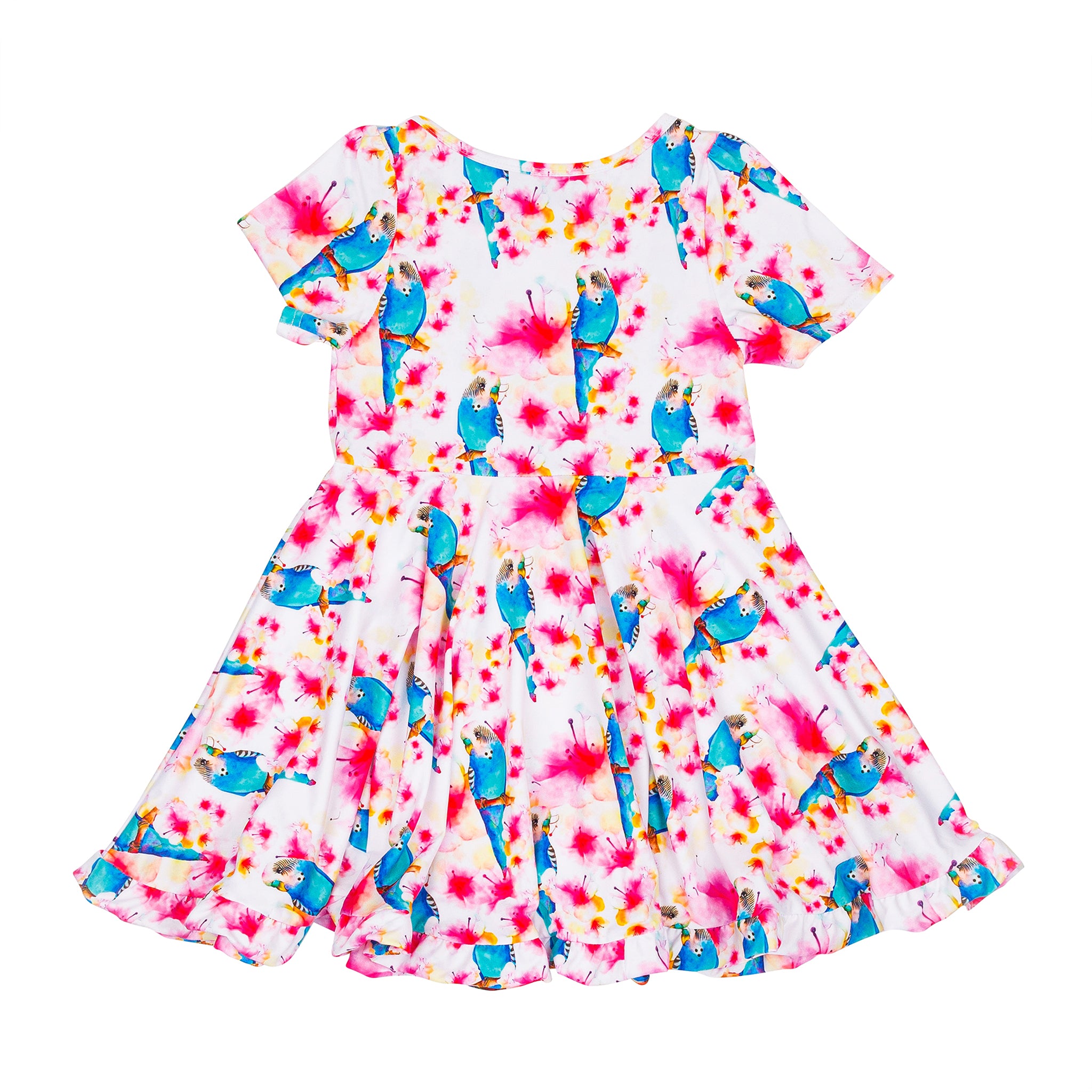 Blossoming Budgie Short Sleeve Twirl Dress - Cheeky Chickadee Store