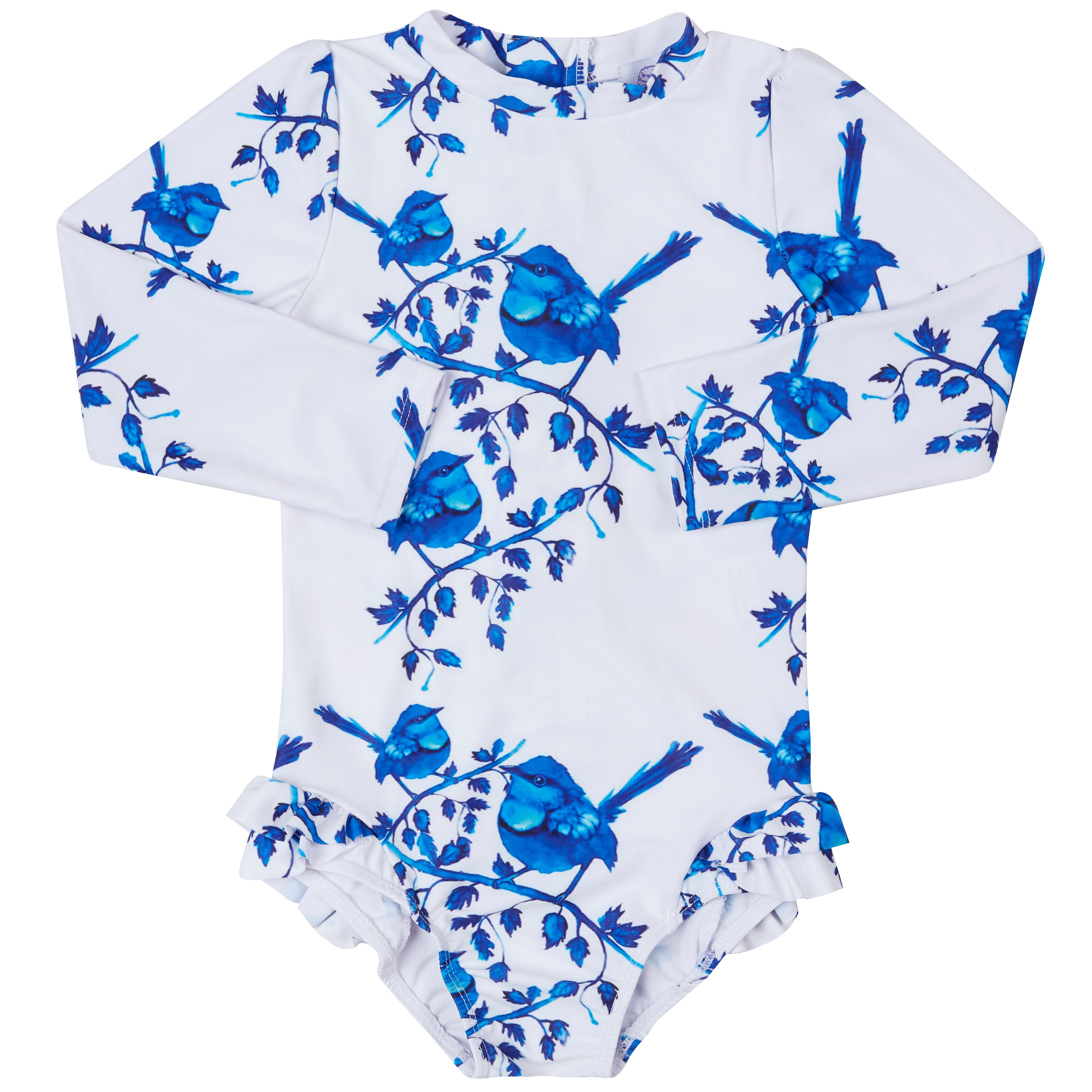 White Splendid Fairy-wren Girls Long Sleeve Back Zip Swimsuit - Cheeky Chickadee Store