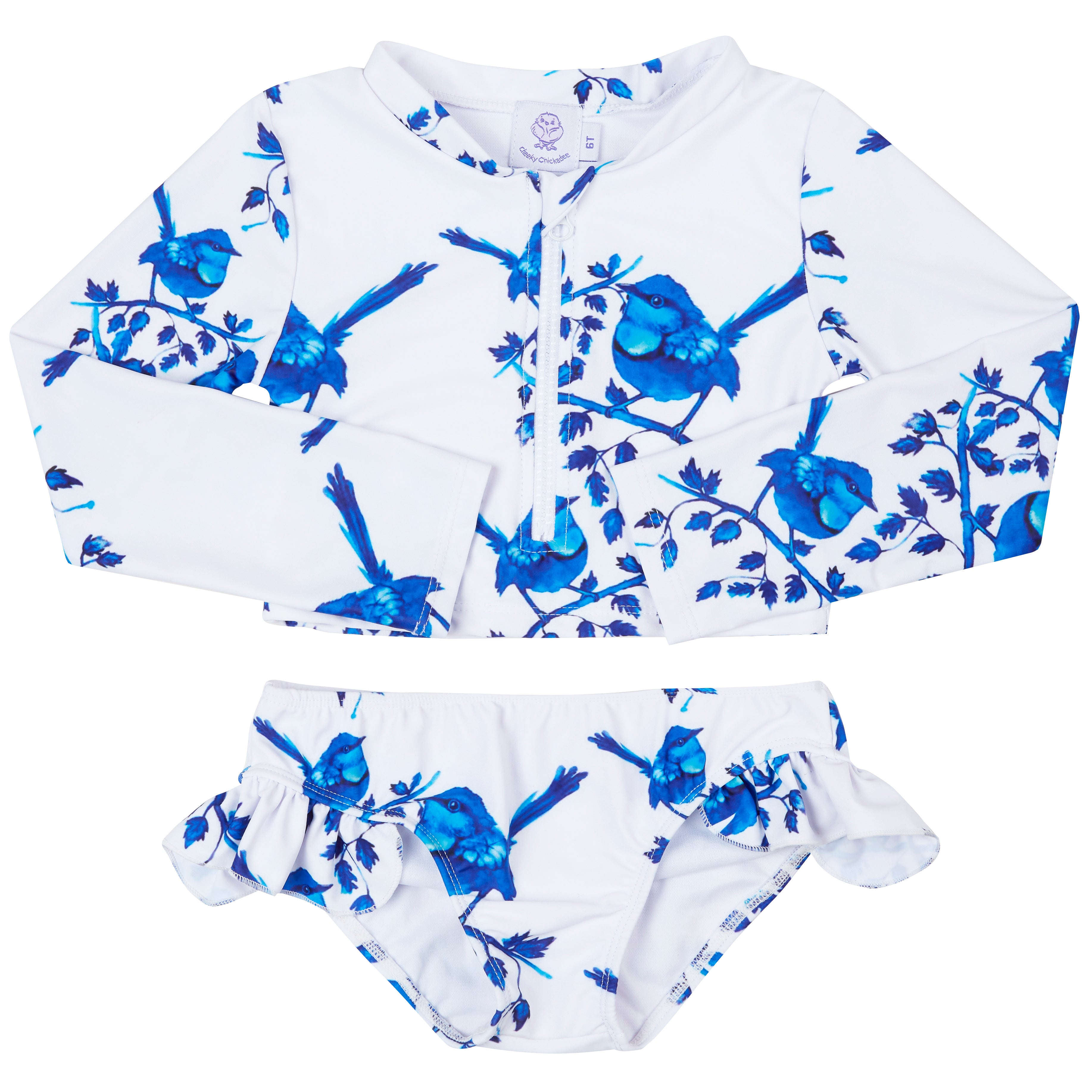 White Splendid Fairy-wren Girls Long Sleeve Two Piece Zip Swimmers - Cheeky Chickadee Store