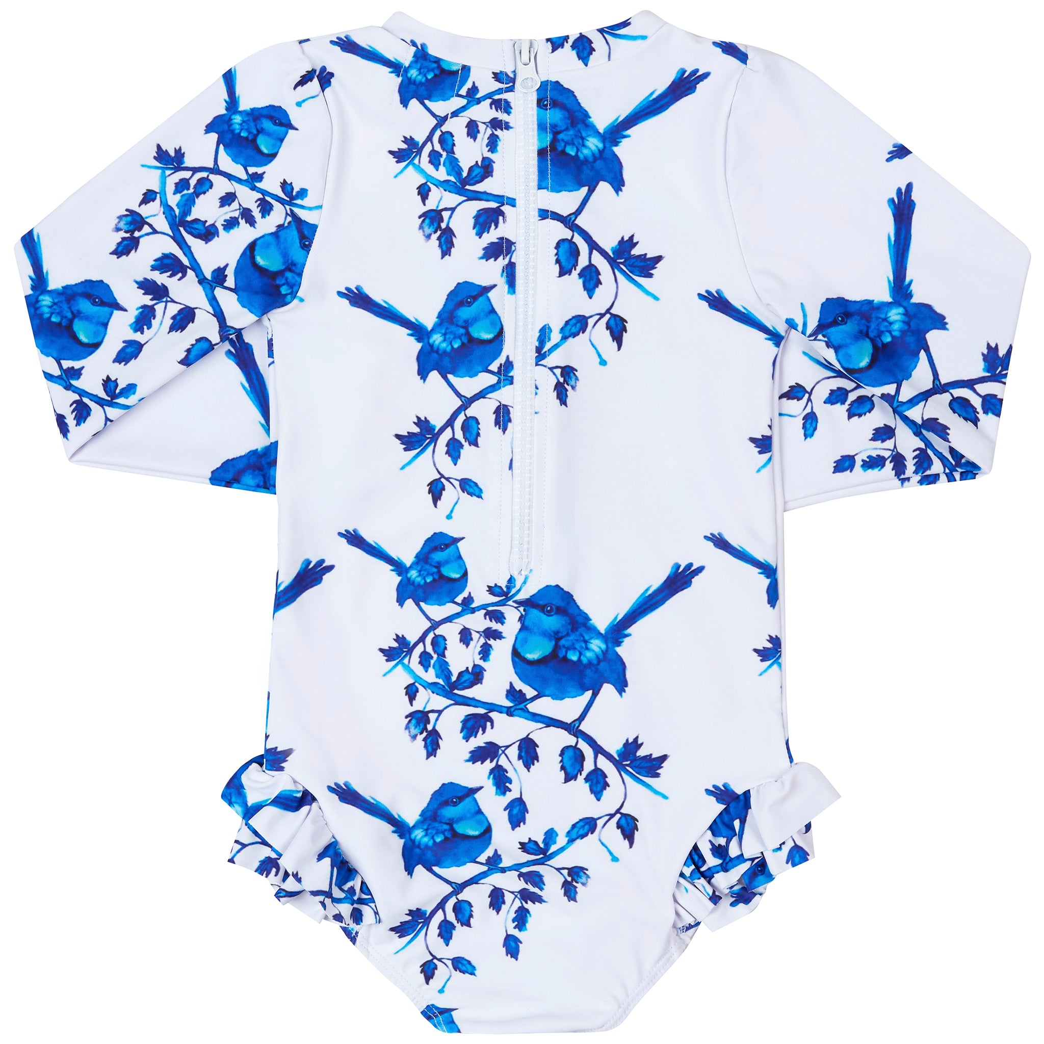 White Splendid Fairy-wren Girls Long Sleeve Back Zip Swimsuit - Cheeky Chickadee Store