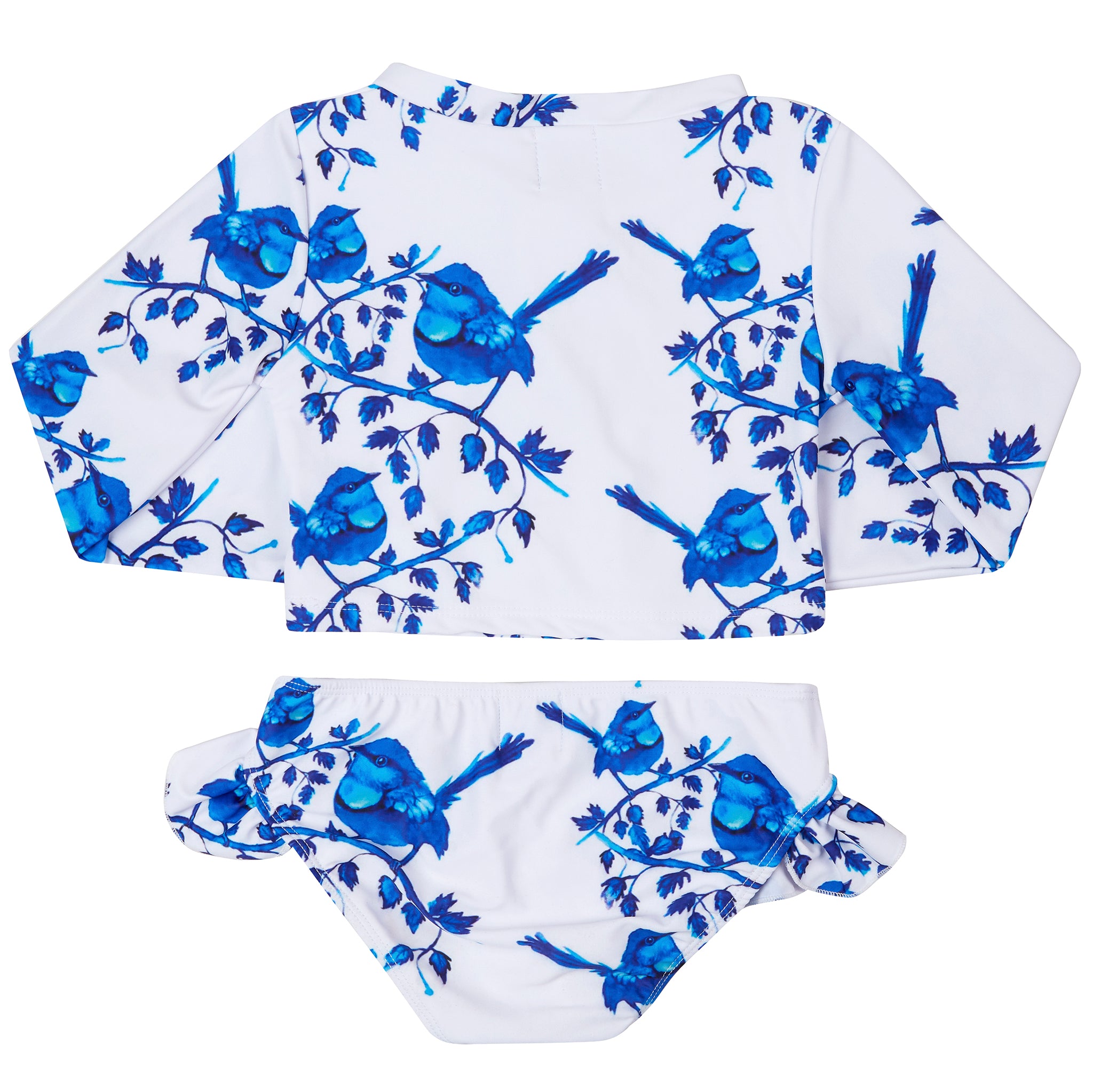 White Splendid Fairy-wren Girls Long Sleeve Two Piece Zip Swimmers - Cheeky Chickadee Store